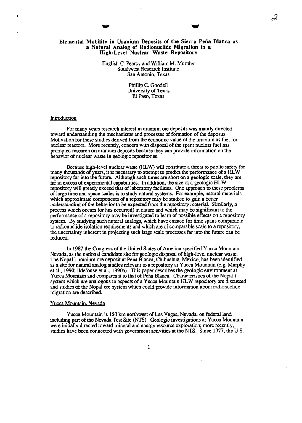 CNWRA Paper Element Mobility in Uranium Deposits of the Sierra