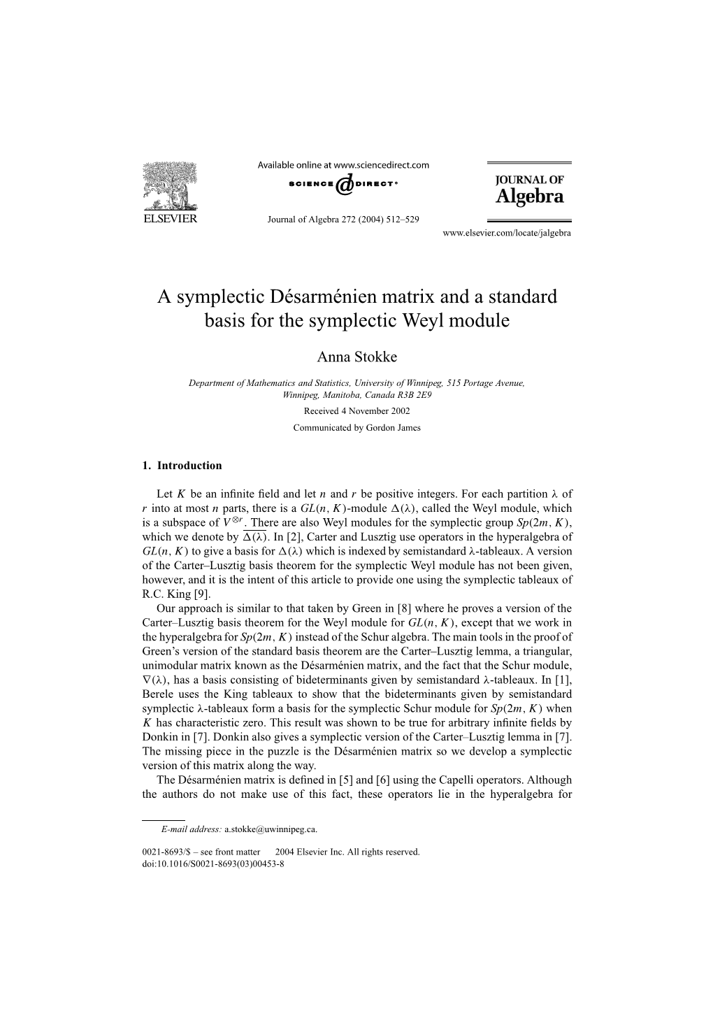 A Symplectic Désarménien Matrix and a Standard Basis for the Symplectic Weyl Module