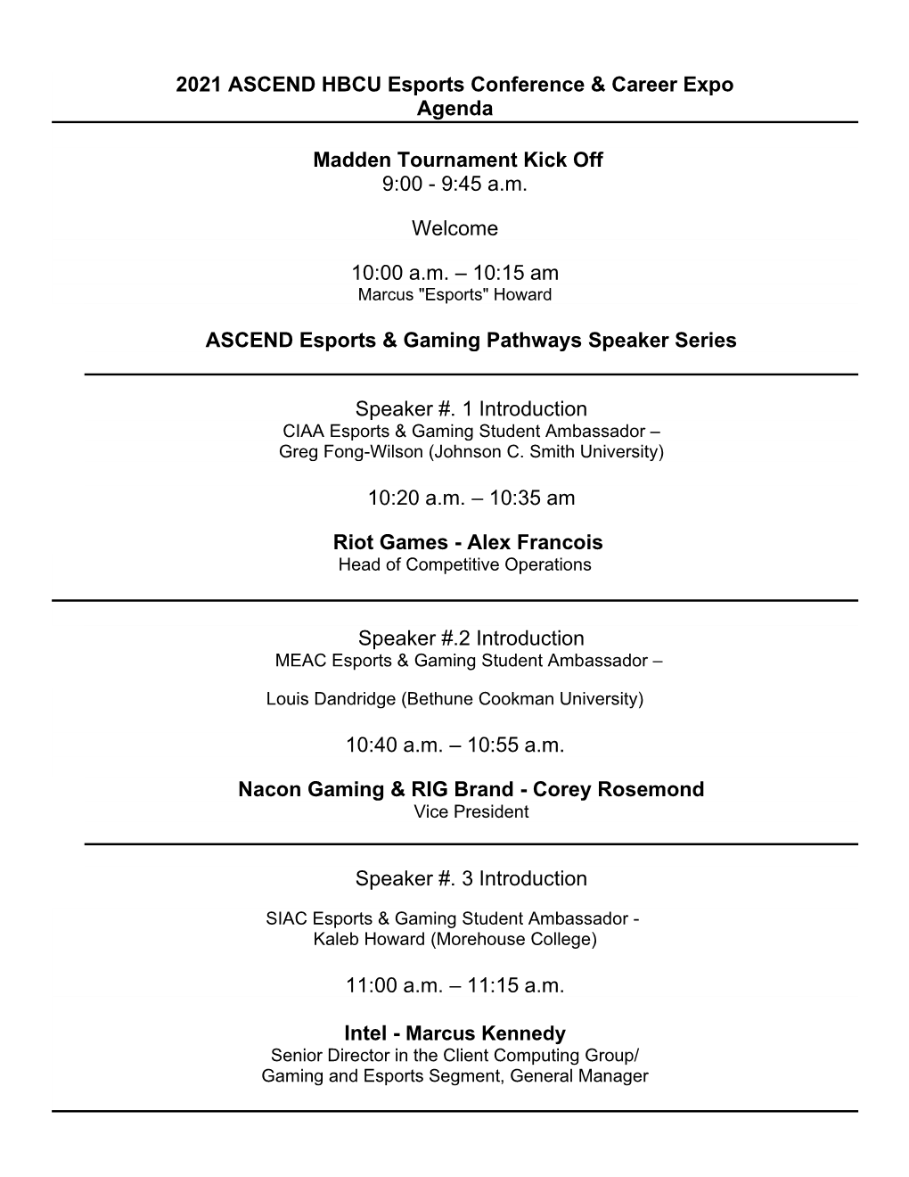 2021 ASCEND HBCU Esports Conference & Career Expo Agenda