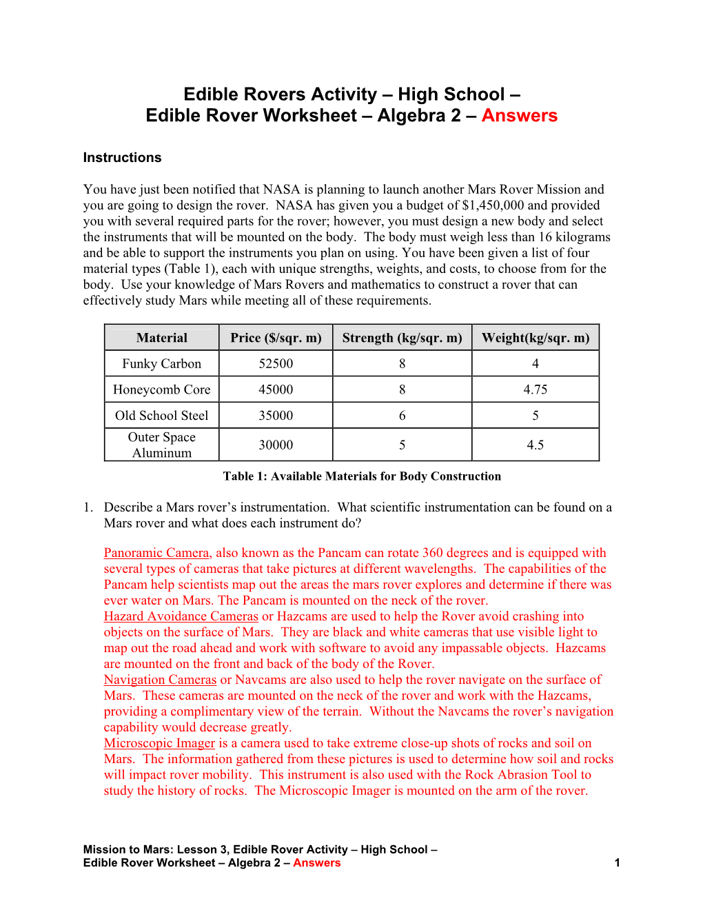 Edible Rover Worksheet – Algebra 2 – Answers