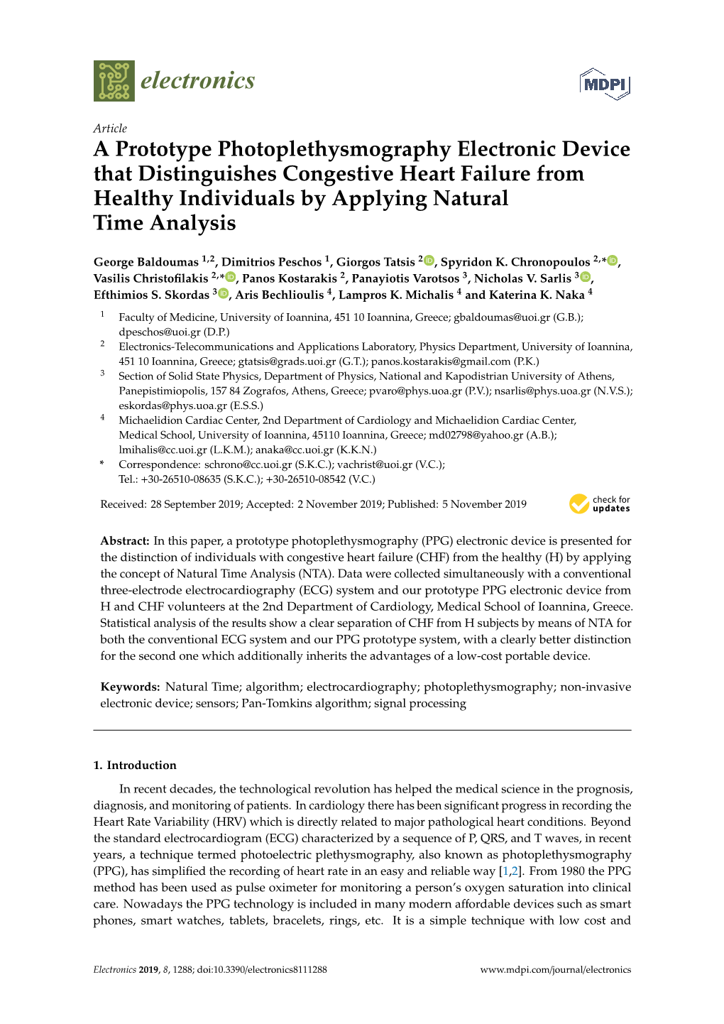 A Prototype Photoplethysmography Electronic Device That Distinguishes Congestive Heart Failure from Healthy Individuals by Applying Natural Time Analysis