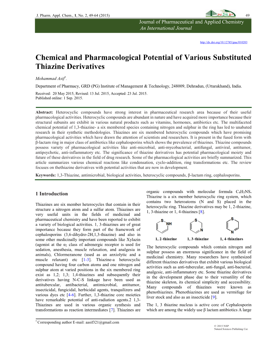 Chemical and Pharmacological Potential of Various Substituted Thiazine Derivatives