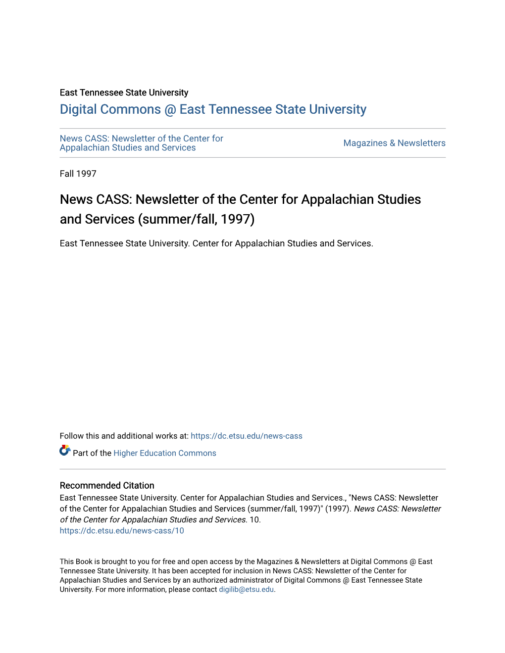 News CASS: Newsletter of the Center for Appalachian Studies and Services Magazines & Newsletters