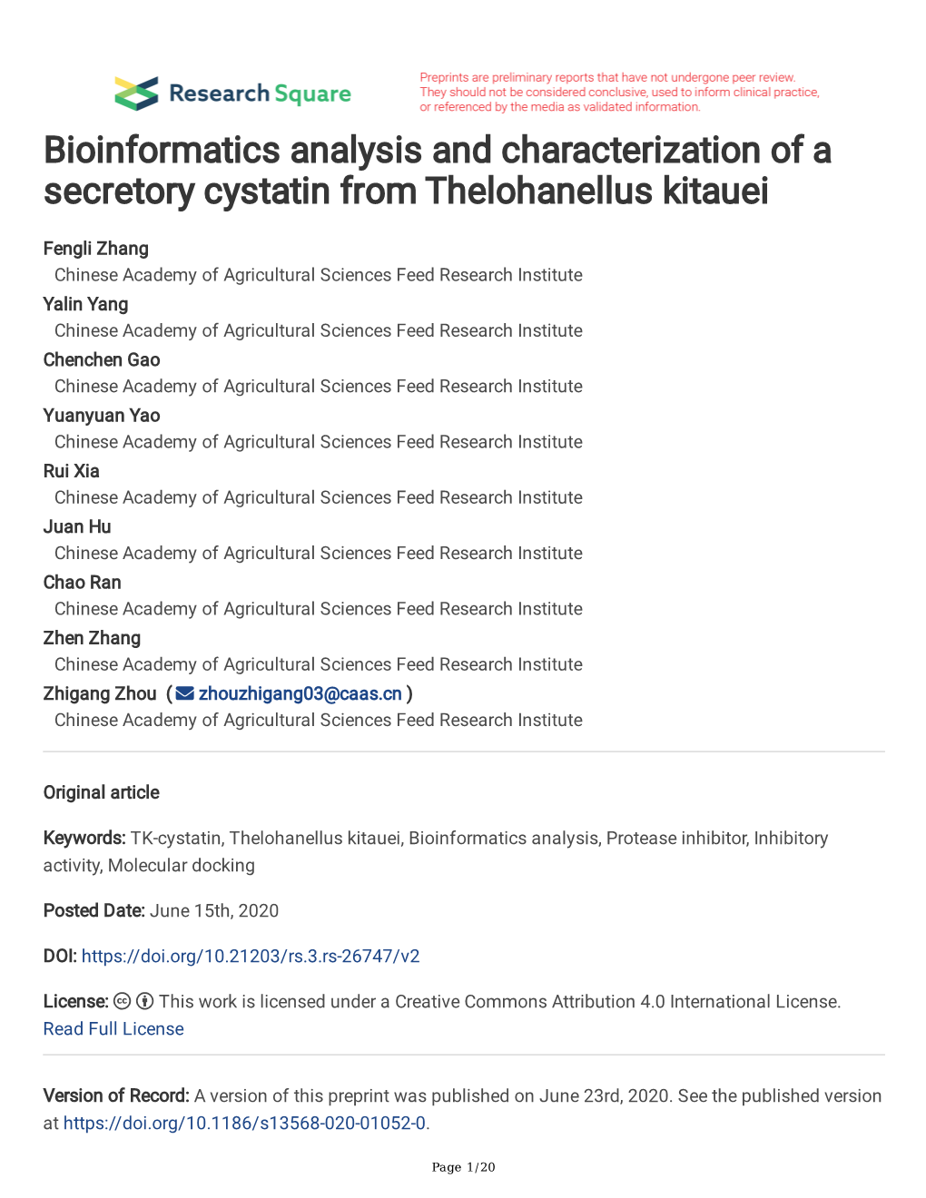 Bioinformatics Analysis and Characterization of a Secretory Cystatin from Thelohanellus Kitauei
