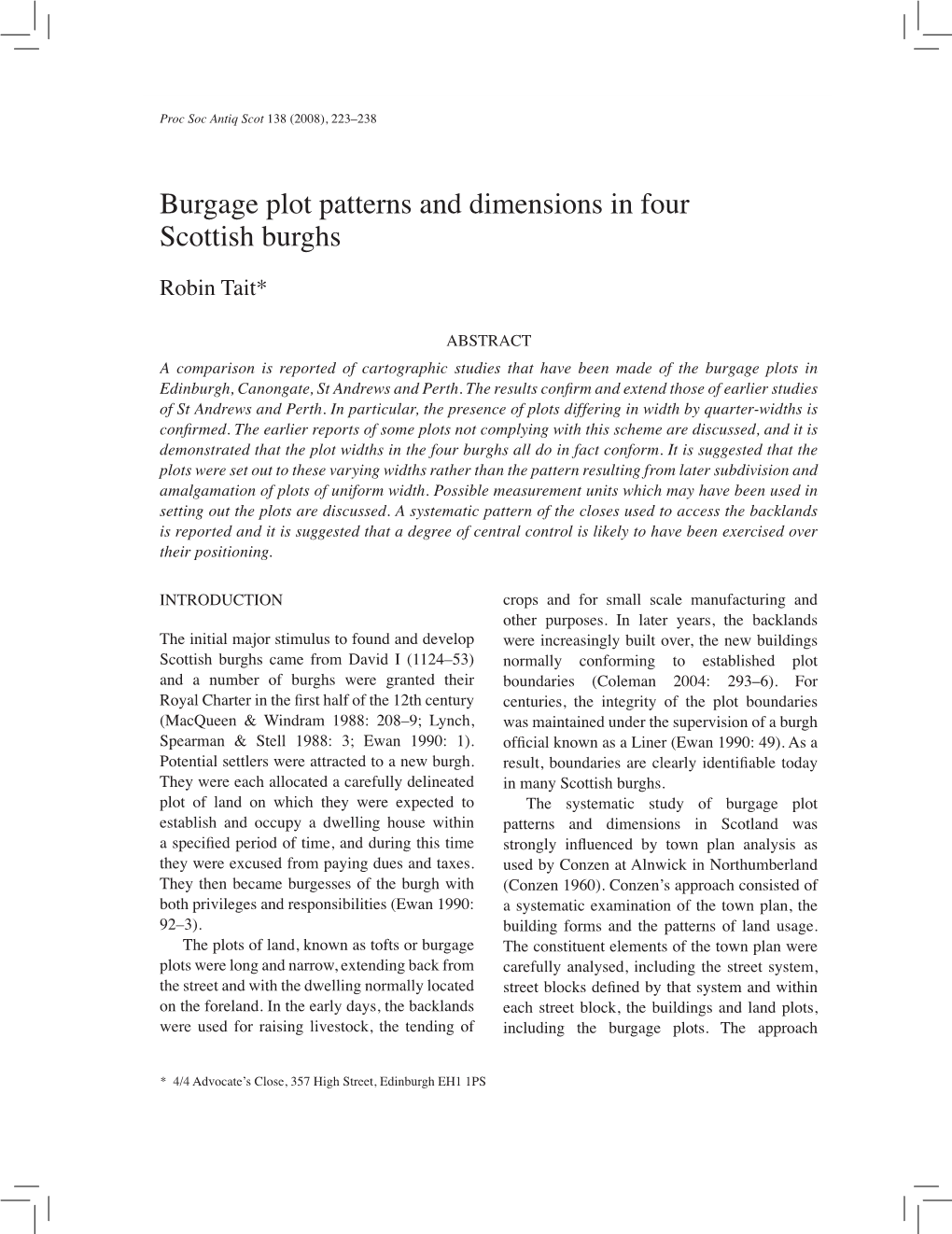 Burgage Plot Patterns and Dimensions in Four Scottish Burghs