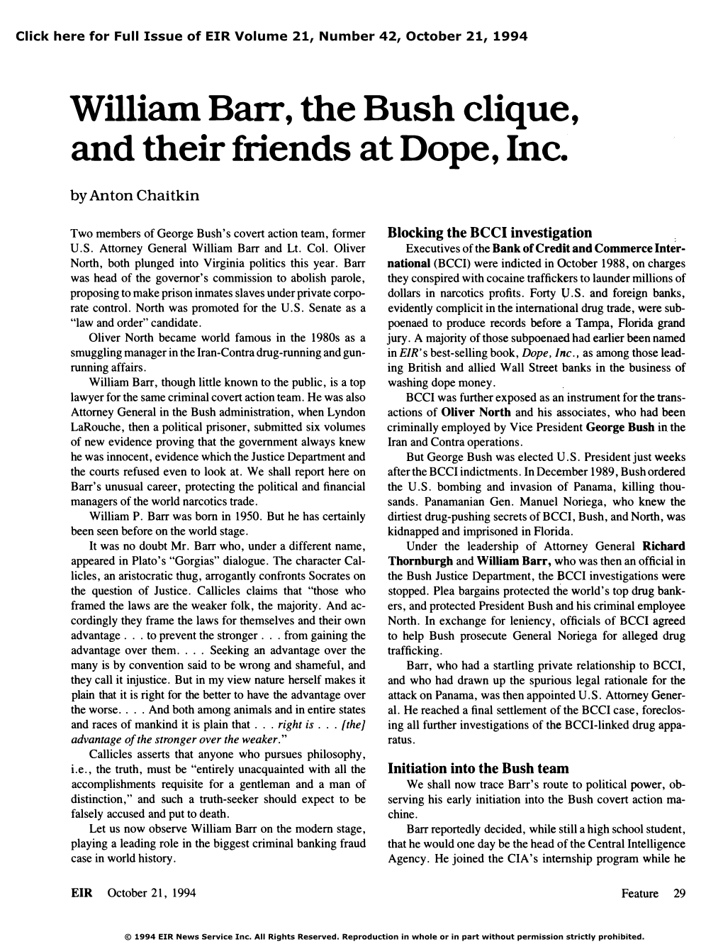 William Barr, the Bush Clique, and Their Friends at Dope, Inc