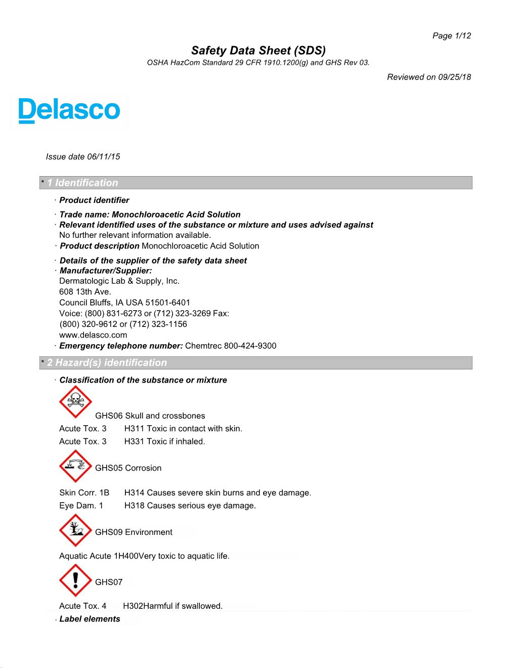 Safety Data Sheet (SDS) OSHA Hazcom Standard 29 CFR 1910.1200(G) and GHS Rev 03