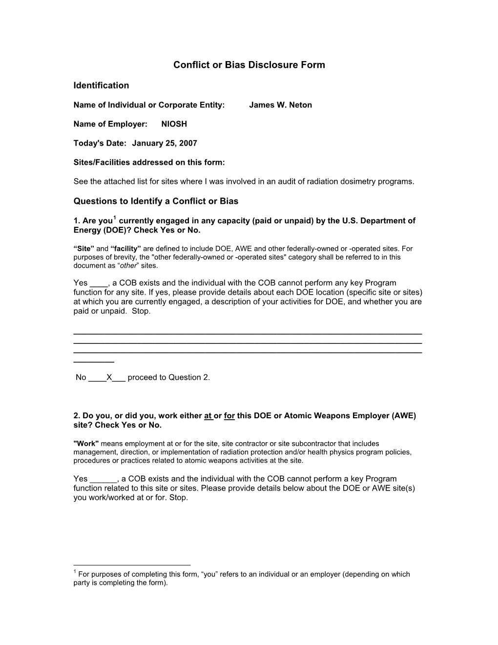 Non-Conflicted COB Disclosure Form for Multiple Sites, Radiation