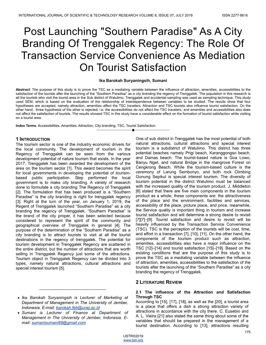 "Southern Paradise" As a City Branding of Trenggalek Regency: the Role of Transaction Service Convenience As Mediation on Tourist Satisfaction