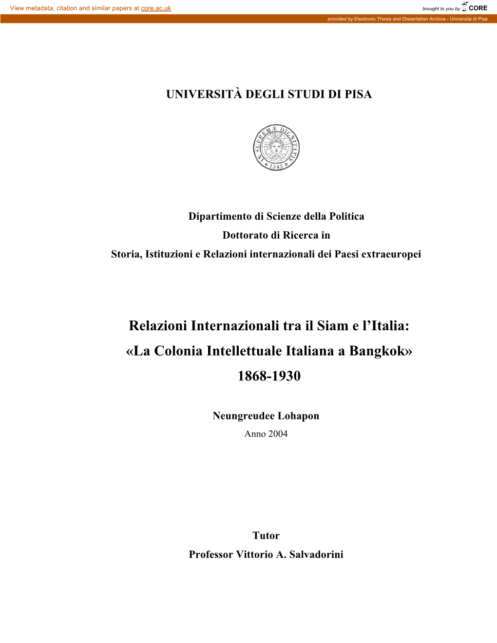 Capitolo I Italia E Siam Nell’Era Dell’Imperialismo Occidentale 1