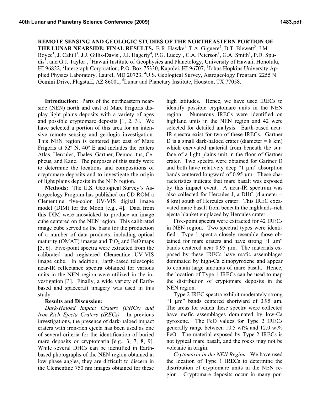 Remote Sensing and Geologic Studies of the Northeastern Portion of the Lunar Nearside: Final Results