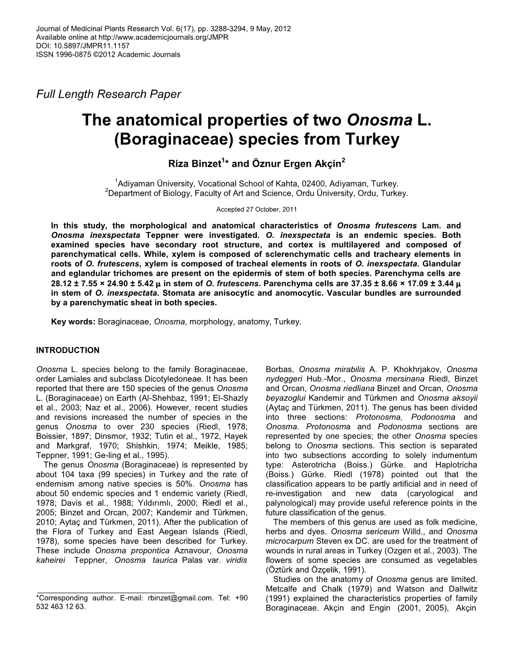 The Anatomical Properties of Two Onosma L