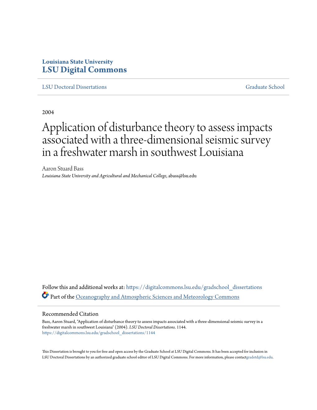 Application of Disturbance Theory to Assess Impacts Associated with A