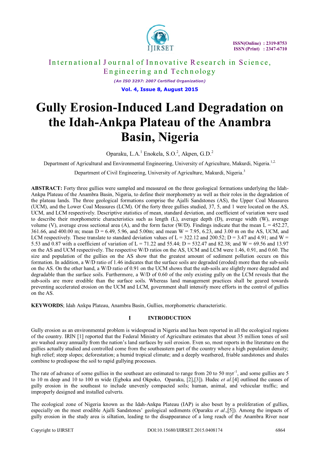 Gully Erosion-Induced Land Degradation on the Idah-Ankpa Plateau of the Anambra Basin, Nigeria