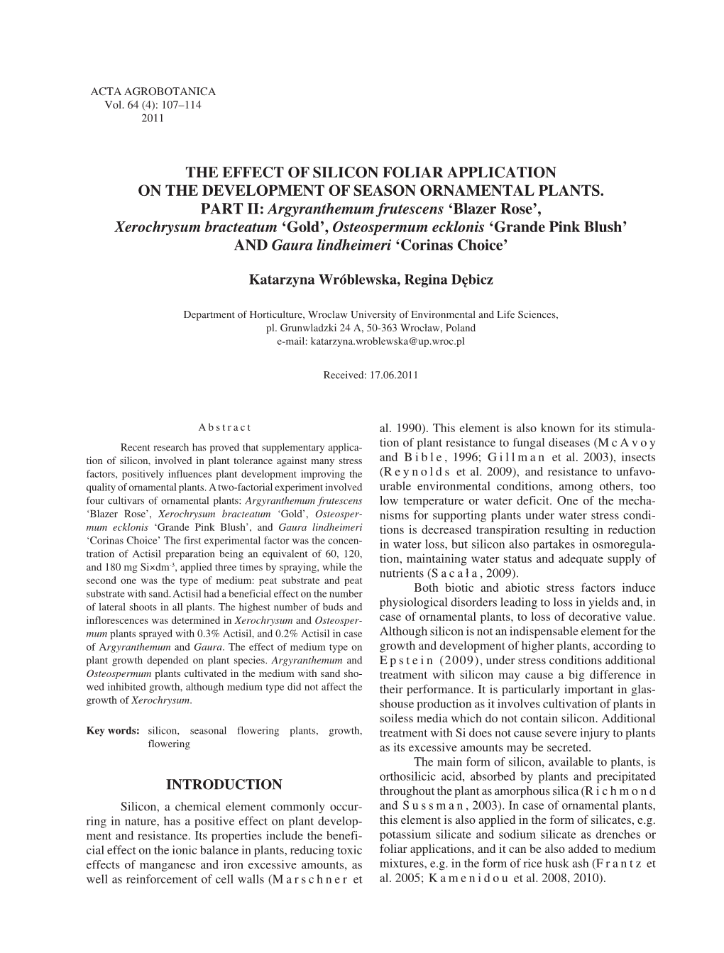 The Effect of Silicon Foliar Application on the Development of Season Ornamental Plants