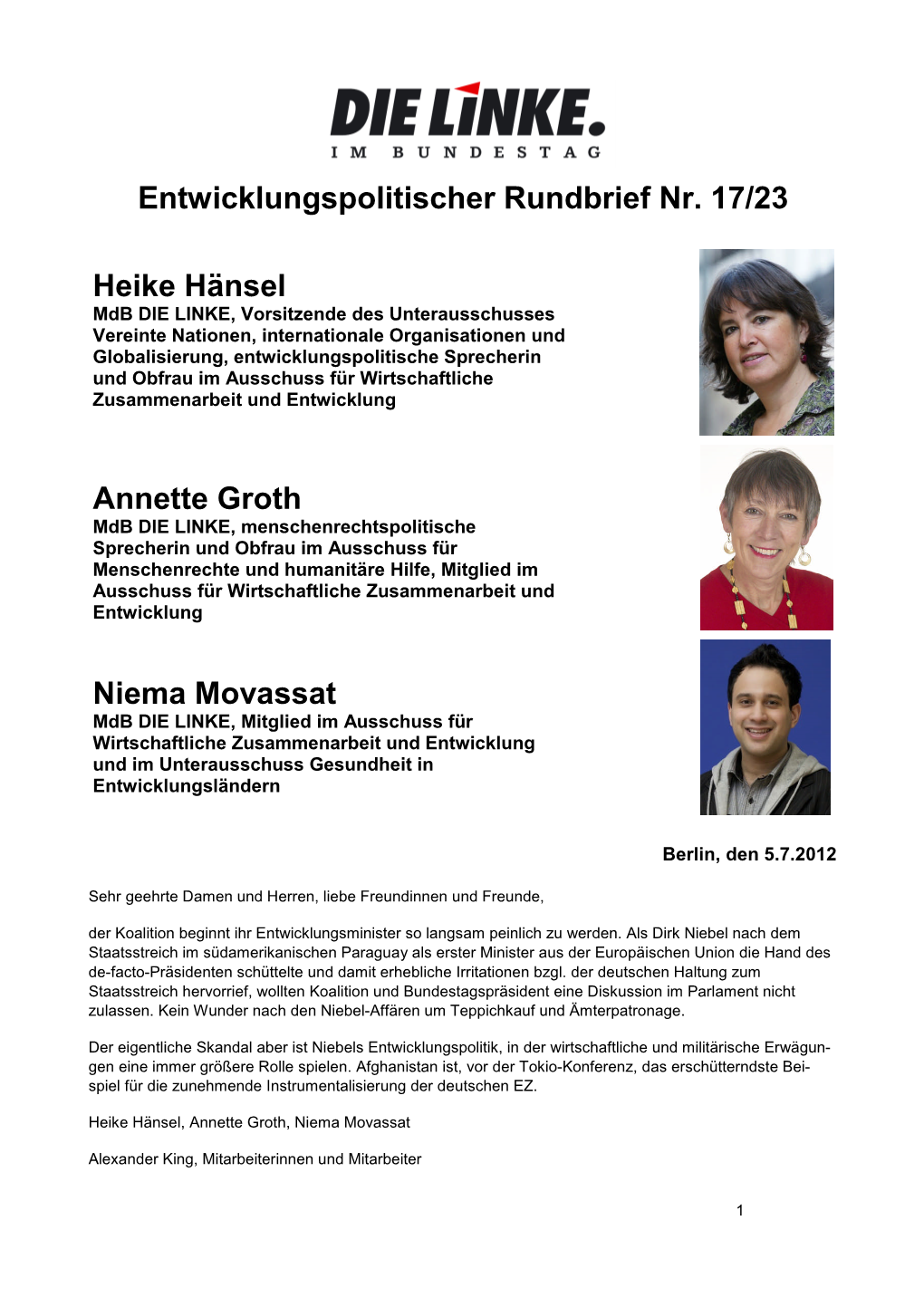 Entwicklungspolitischer Rundbrief Nr. 17/23 Heike Hänsel Annette Groth