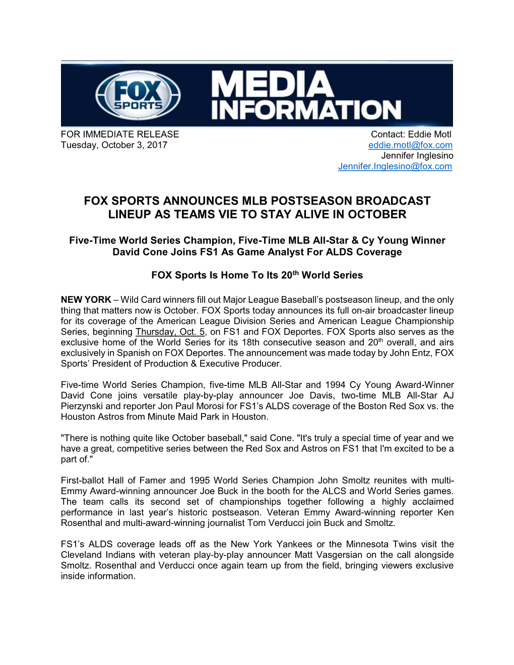 Fox Sports Announces Mlb Postseason Broadcast Lineup As Teams Vie to Stay Alive in October