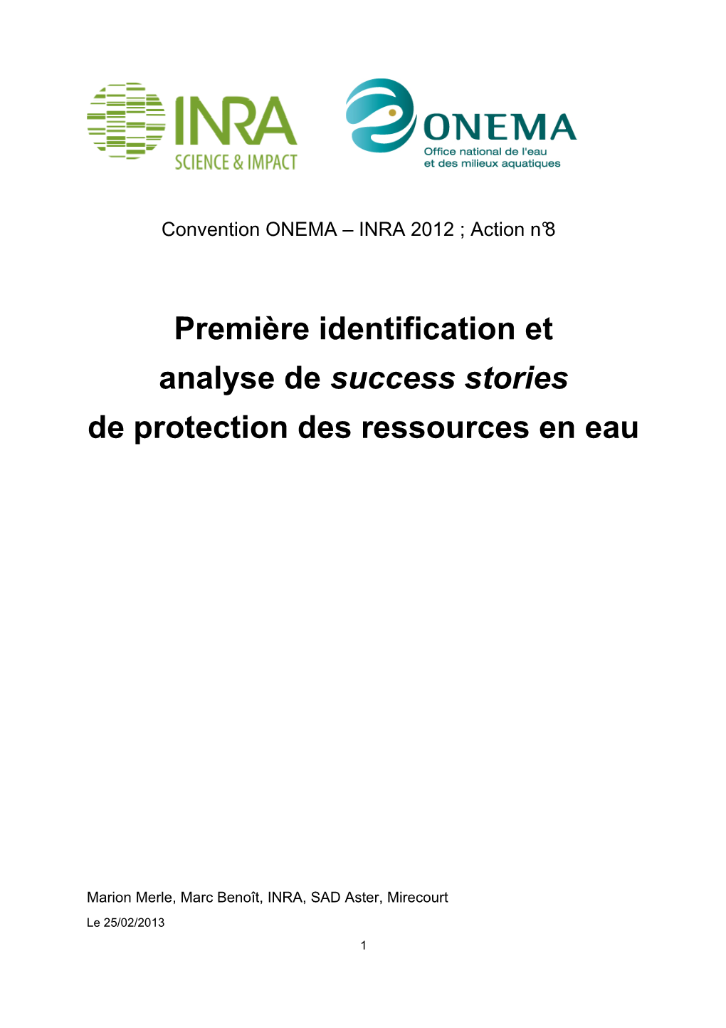 Première Identification Et Analyse De Success Stories De Protection Des Ressources En Eau