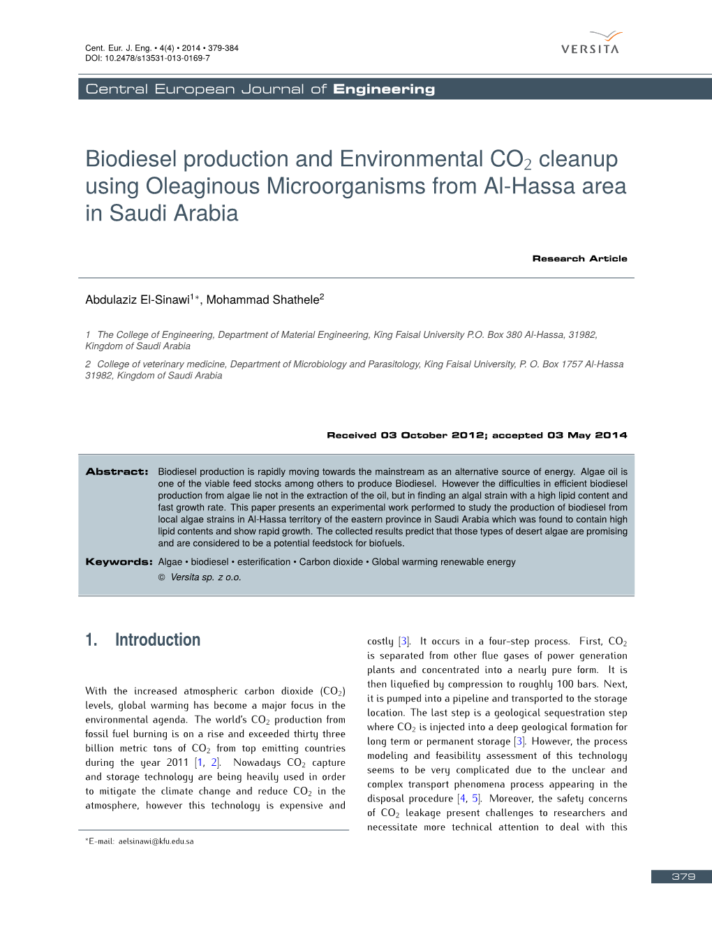 Biodiesel Production and Environmental CO2 Cleanup Using Oleaginous Microorganisms from Al-Hassa Area in Saudi Arabia