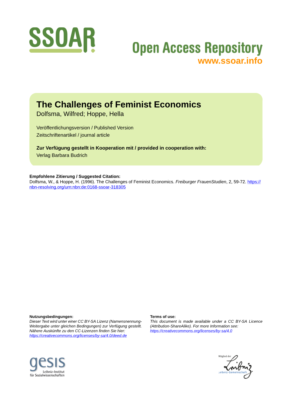 The Challenges of Feminist Economics Dolfsma, Wilfred; Hoppe, Hella