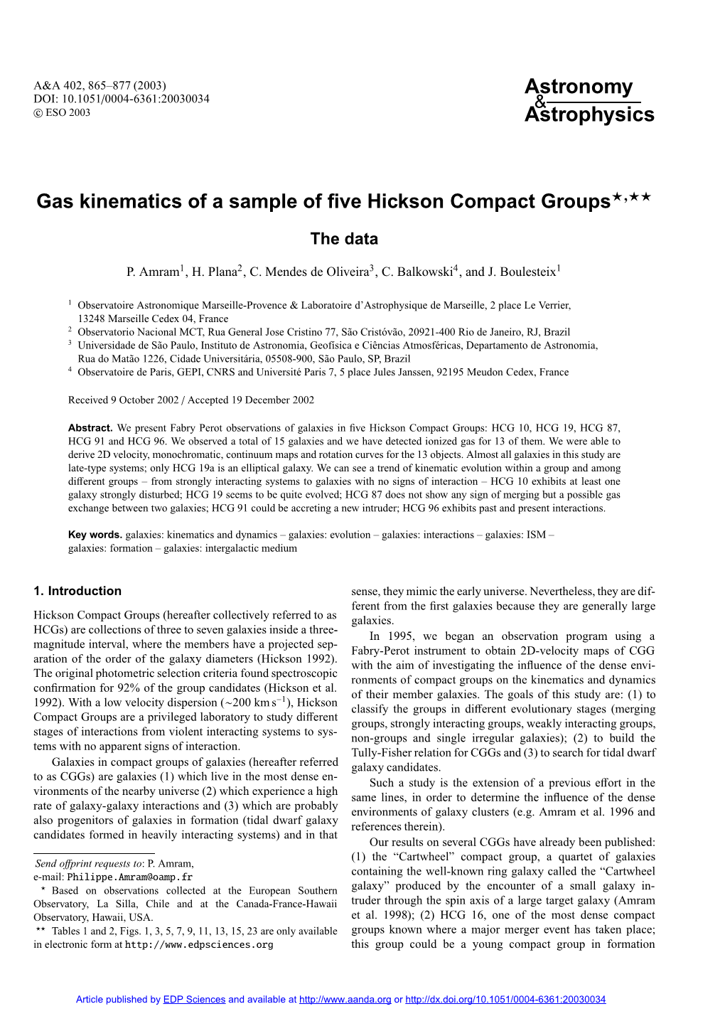 Gas Kinematics of a Sample of Five Hickson