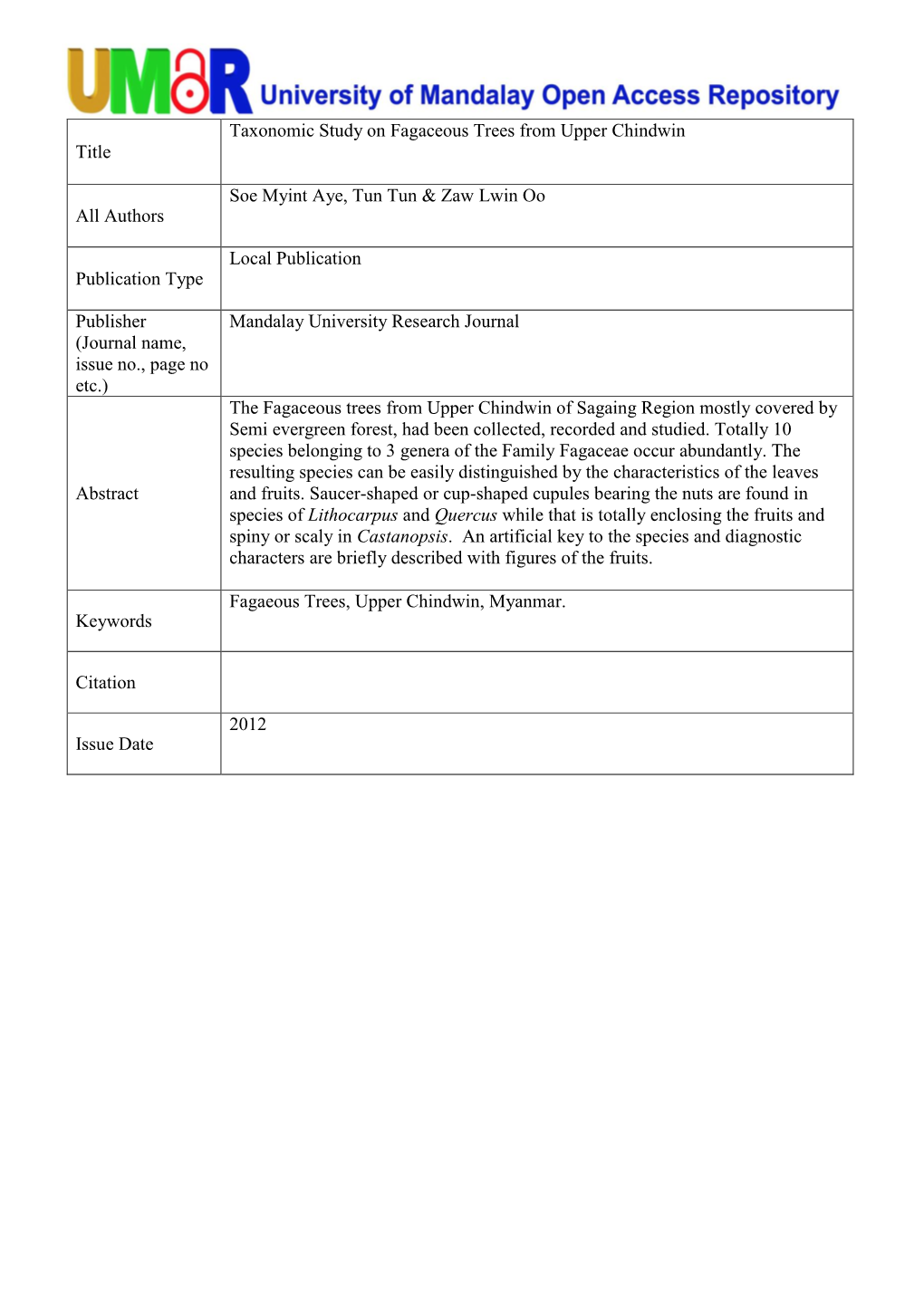 Taxonomic Study on Fagaceous Trees from Upper Chindwin Title