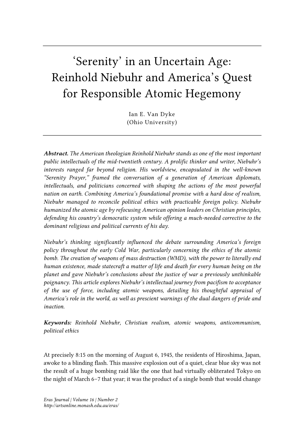 Reinhold Niebuhr and America's Quest for Responsible Atomic Hegemony