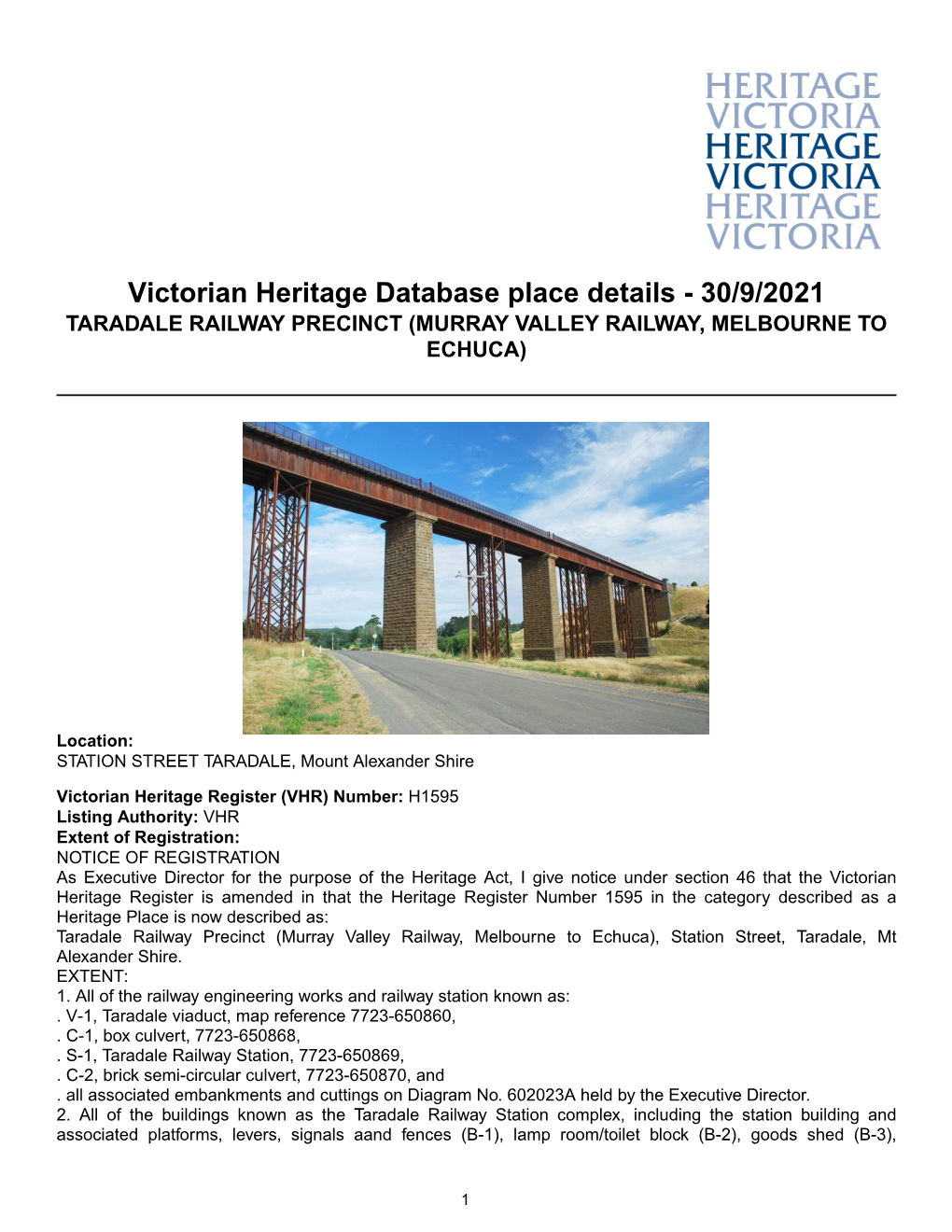 Victorian Heritage Database Place Details - 30/9/2021 TARADALE RAILWAY PRECINCT (MURRAY VALLEY RAILWAY, MELBOURNE to ECHUCA)