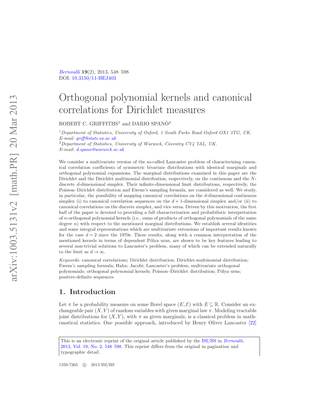 Orthogonal Polynomial Kernels and Canonical Correlations for Dirichlet