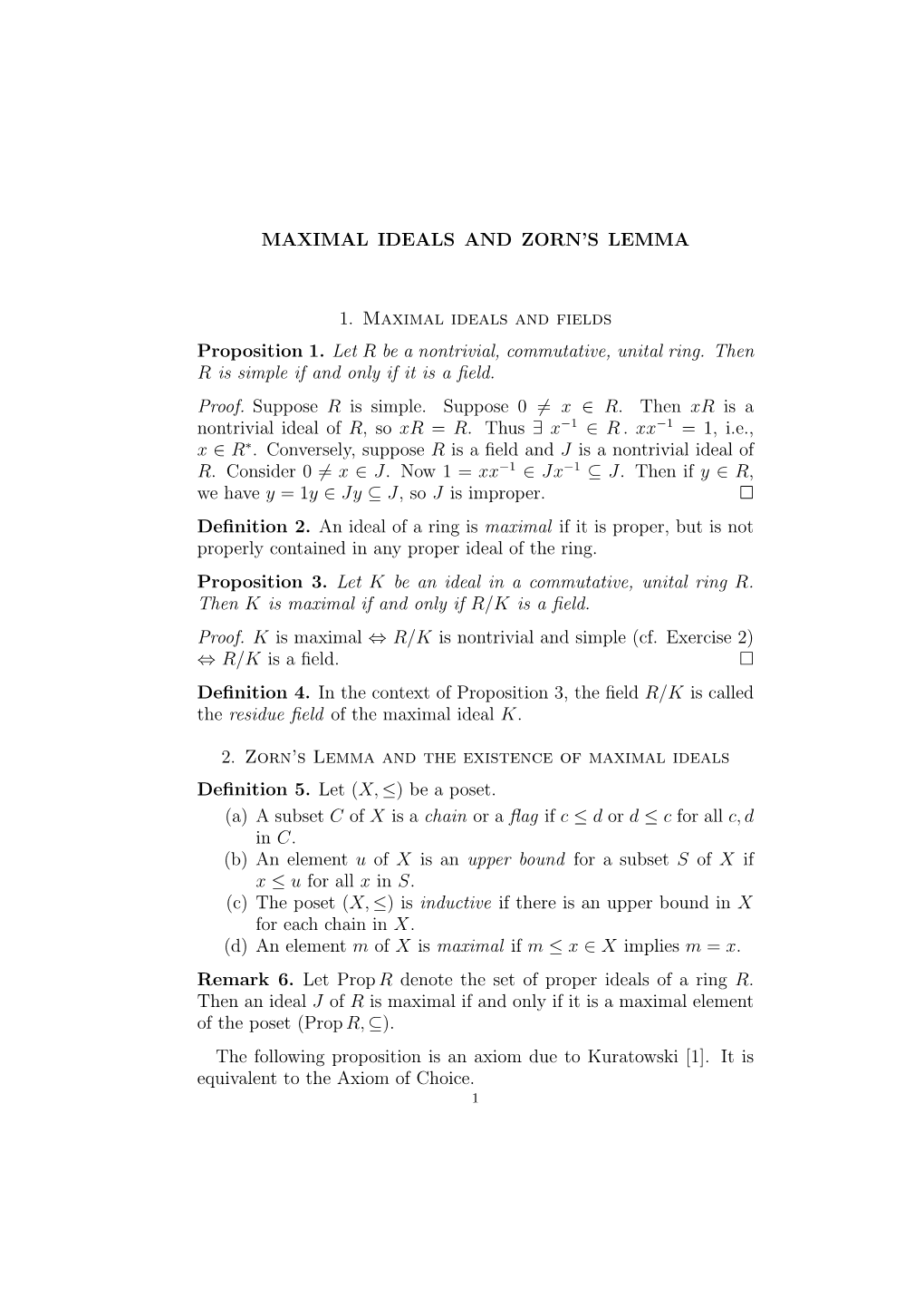 Maximal Ideals and Zorn's Lemma