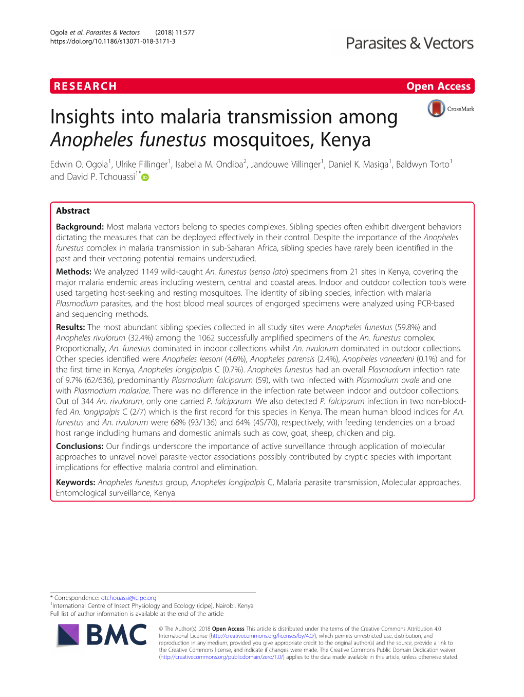Insights Into Malaria Transmission Among Anopheles Funestus Mosquitoes, Kenya Edwin O