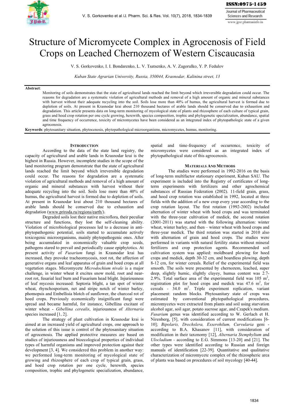 Structure of Micromycete Complex in Agrocenosis of Field Crops on Leached Chernozem of Western Ciscaucasia