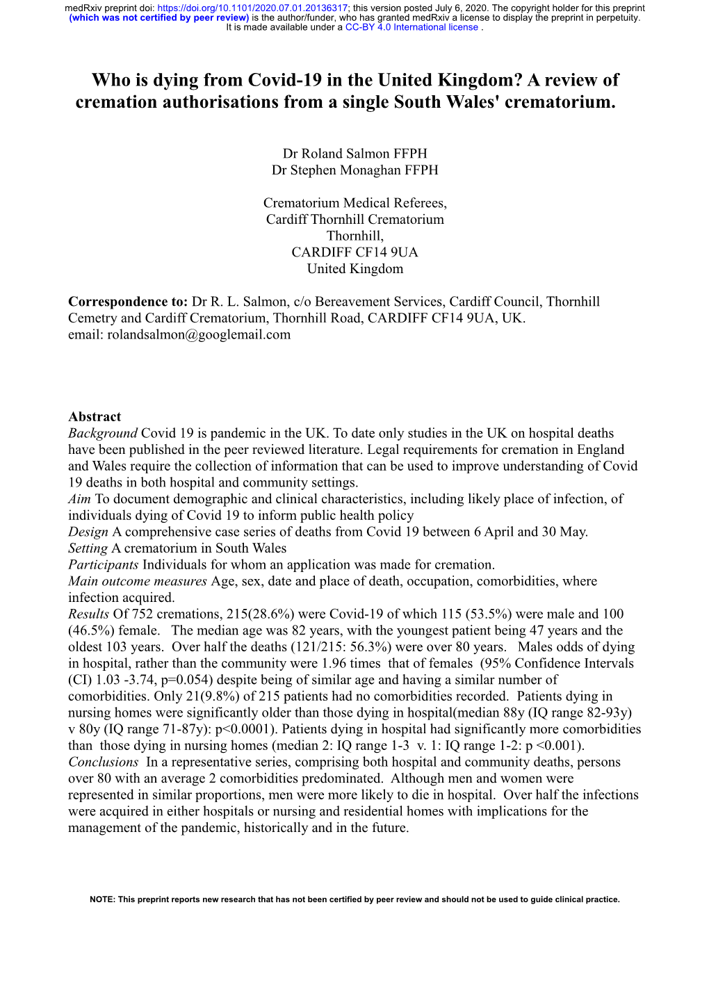 Who Is Dying from Covid-19 in the United Kingdom? a Review of Cremation Authorisations from a Single South Wales' Crematorium