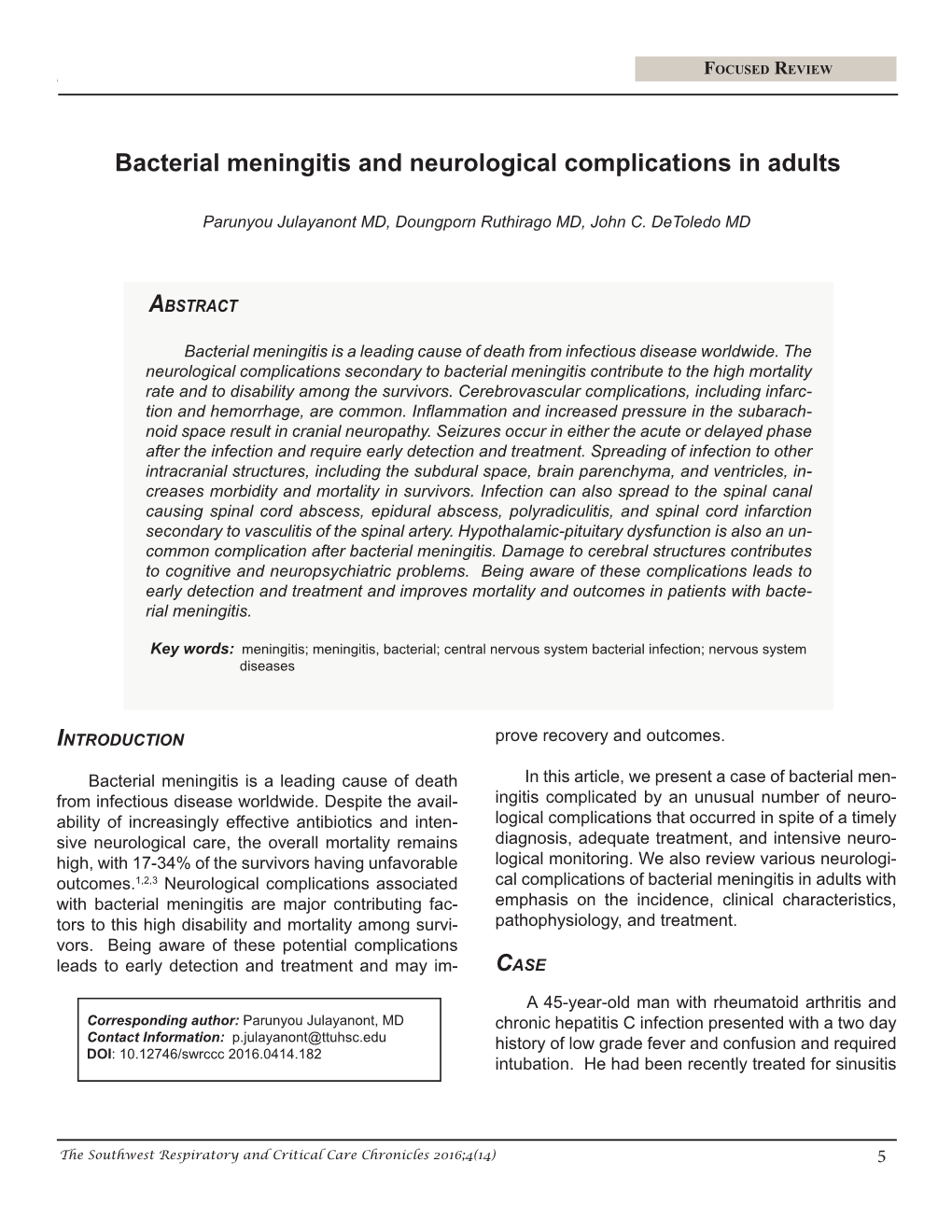 Bacterial Meningitis and Neurological Complications in Adults