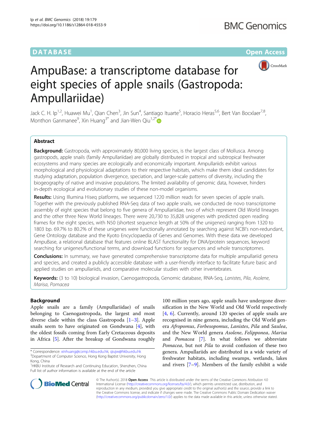 A Transcriptome Database for Eight Species of Apple Snails (Gastropoda: Ampullariidae) Jack C