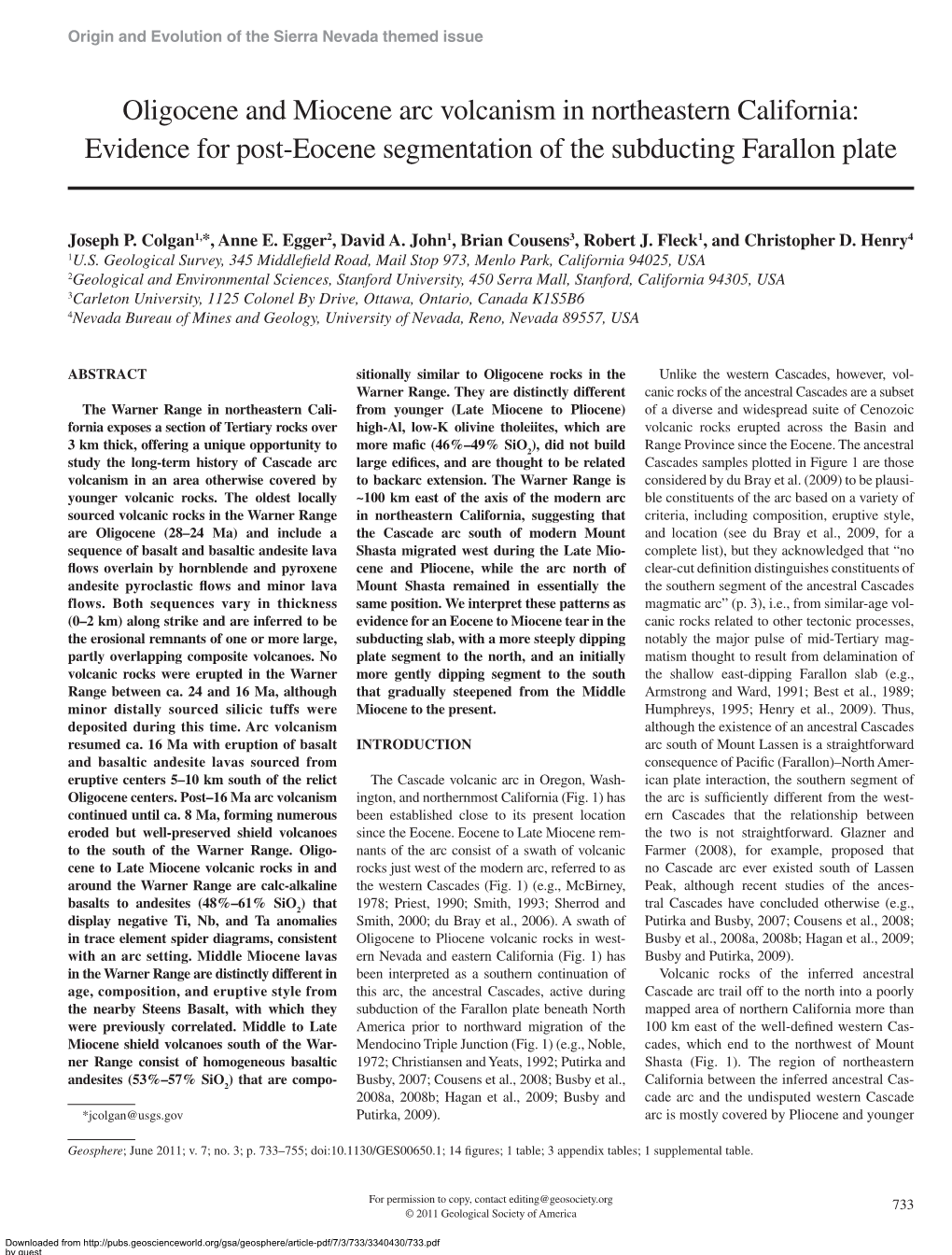 Oligocene and Miocene Arc Volcanism in Northeastern California: Evidence for Post-Eocene Segmentation of the Subducting Farallon Plate