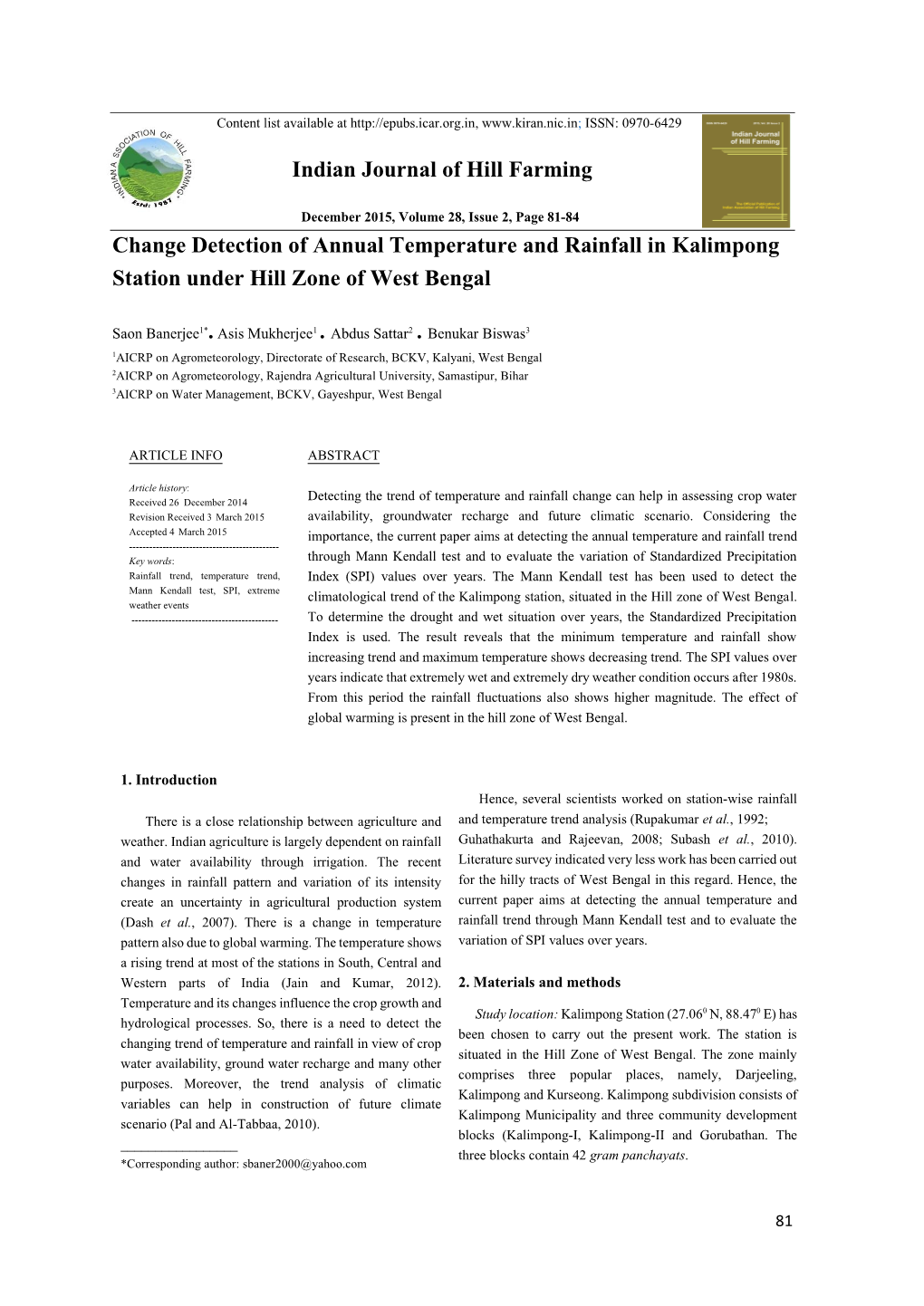 Change Detection of Annual Temperature and Rainfall in Kalimpong Station Under Hill Zone of West Bengal