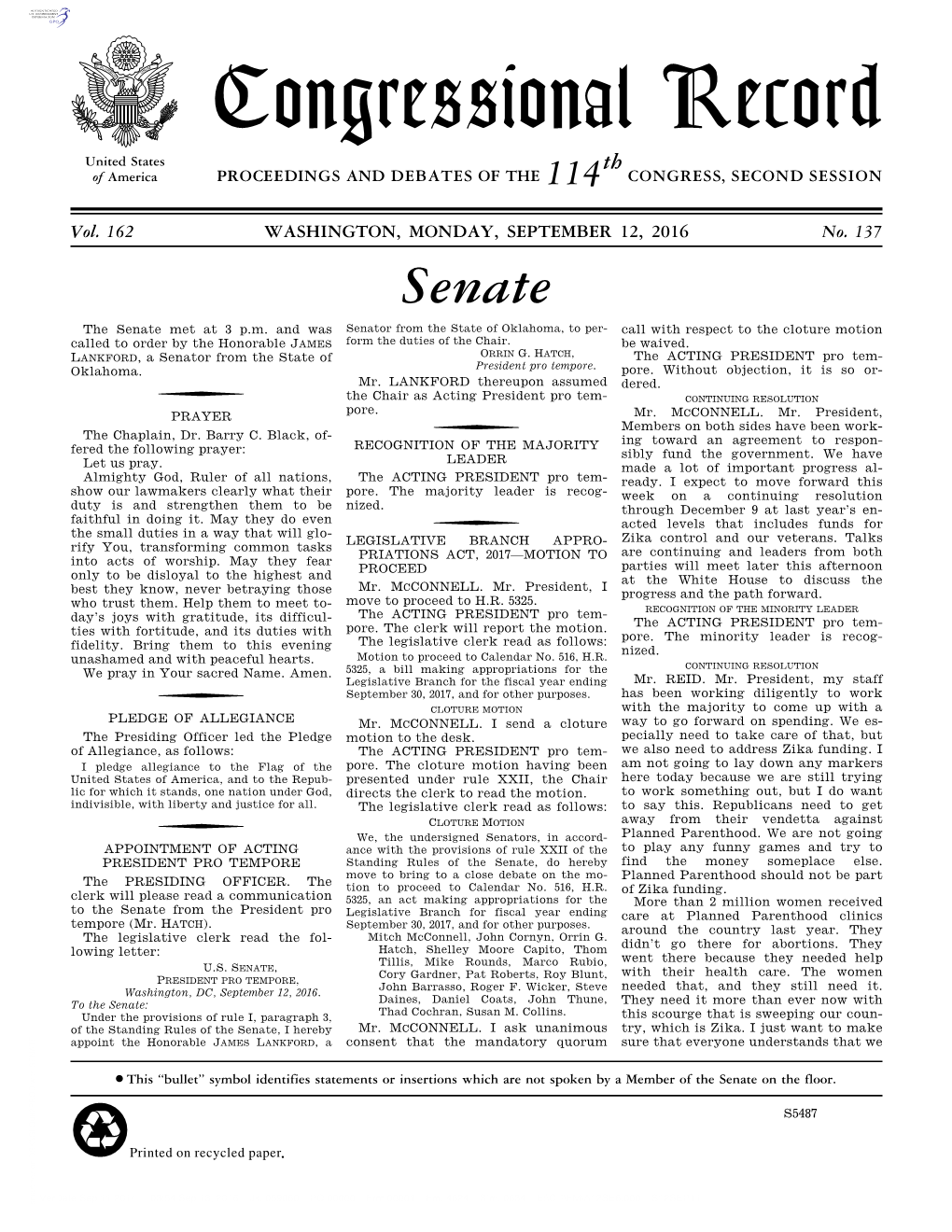 Congressional Record United States Th of America PROCEEDINGS and DEBATES of the 114 CONGRESS, SECOND SESSION