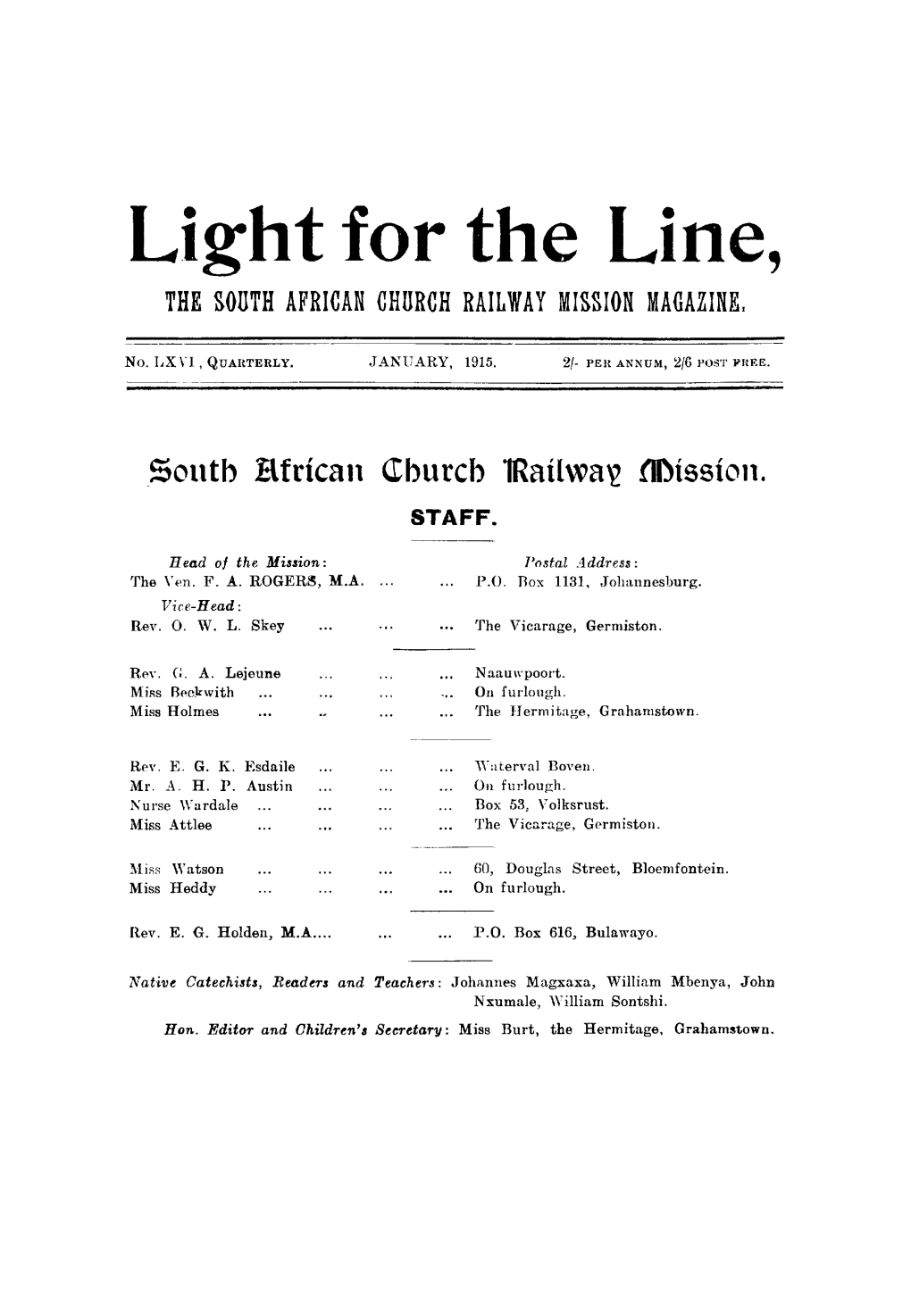 Light for the Line, the SOUTH AFRICAN CHURCH RAILWAY MISSION MAGAZINE