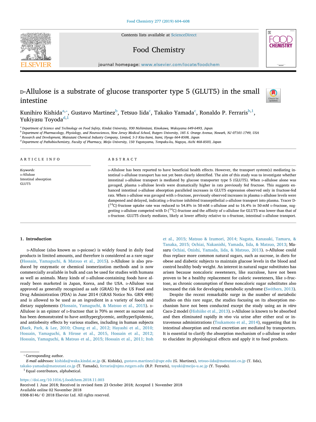 D-Allulose Is a Substrate of Glucose Transporter Type 5 (GLUT5) in the Small Intestine