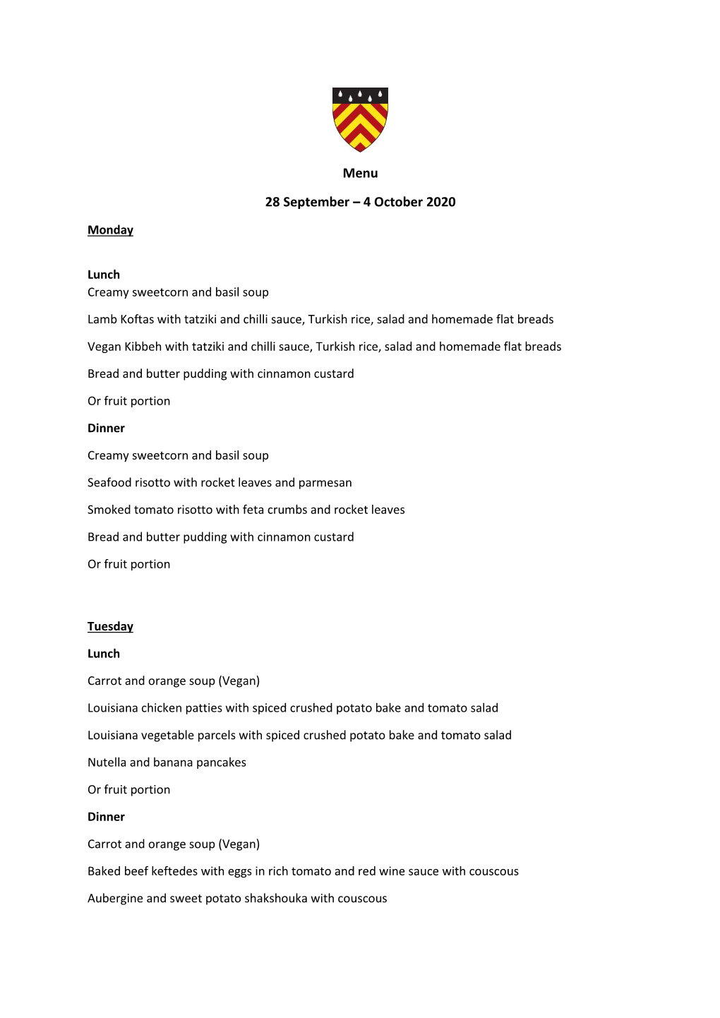 Menu 28 September – 4 October 2020