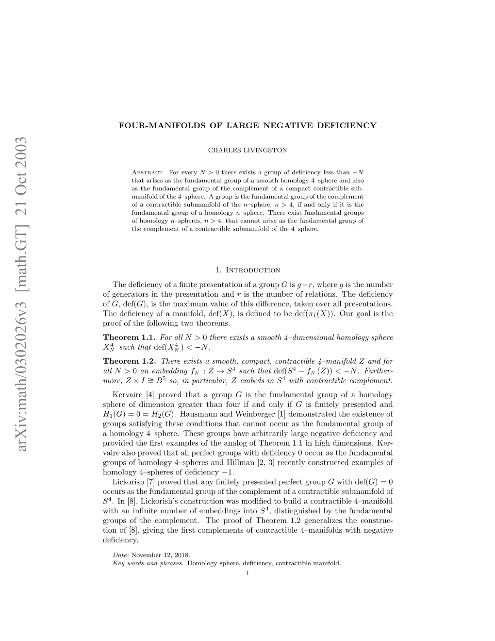 Arxiv:Math/0302026V3 [Math.GT] 21 Oct 2003 Fgnrtr Ntepeetto and Presentation of the in Generators of H Ecec Famnfl,Def( Manifold, a of Deﬁciency the Hoe 1.1