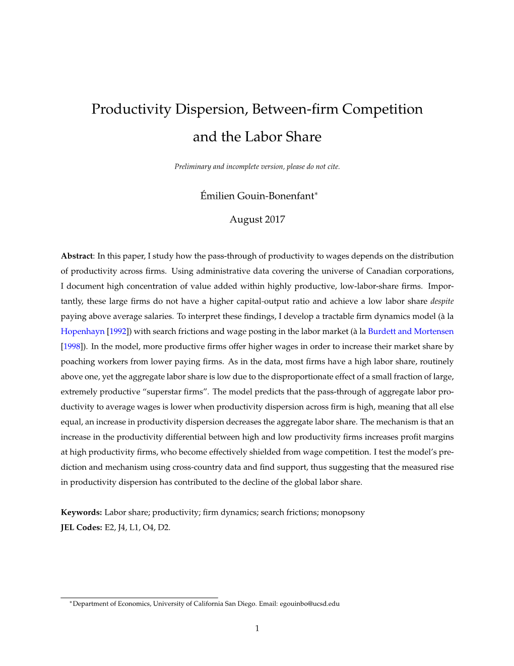 Productivity Dispersion, Between-Firm Competition and the Labor Share
