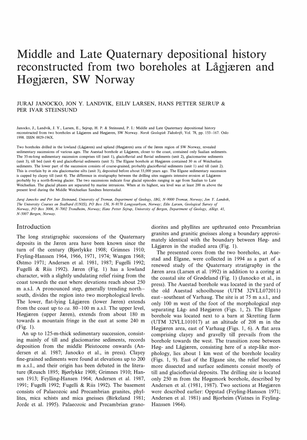 Middle and Late Quaternary Depositional History Reconstructed from Two Boreholes at Lågjæren and Høgjæren, SW Norway