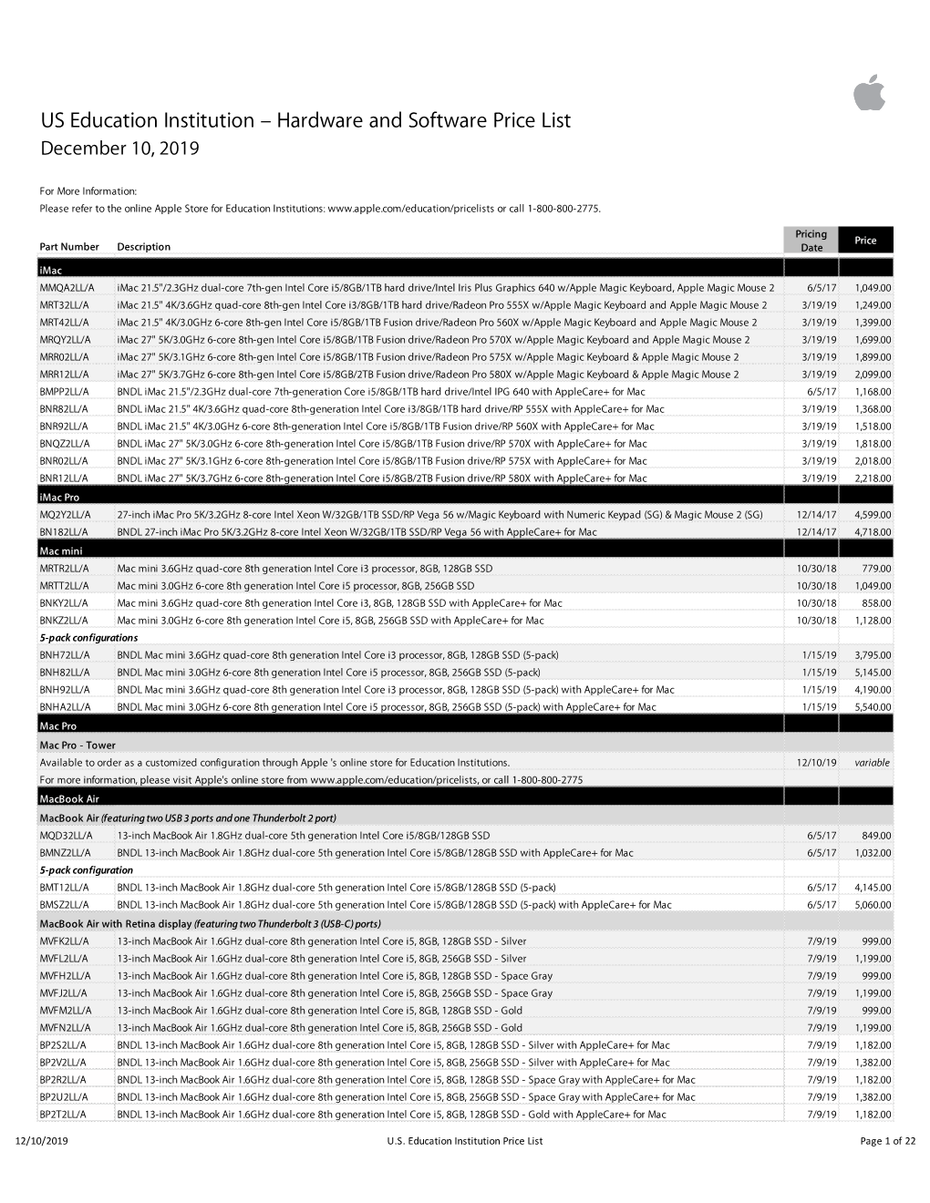 Apple US Education Institution Price List