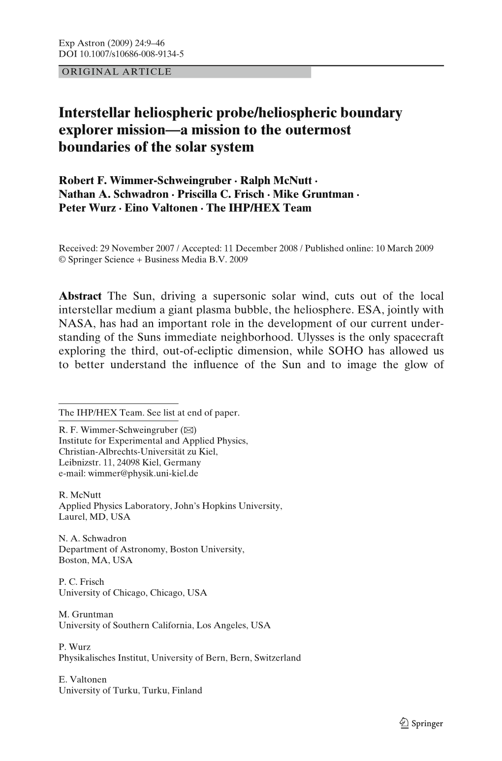 Interstellar Heliospheric Probe/Heliospheric Boundary Explorer Mission—A Mission to the Outermost Boundaries of the Solar System