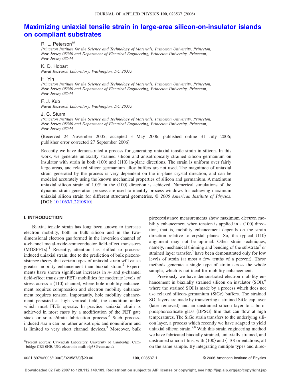 Maximizing Uniaxial Tensile Strain in Large-Area Silicon-On-Insulator Islands on Compliant Substrates ͒ R