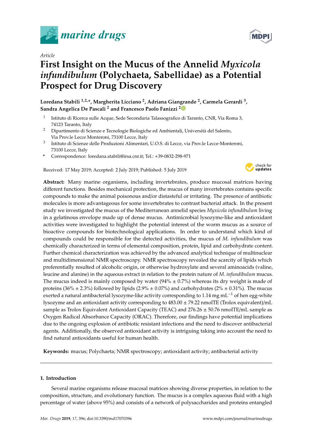 First Insight on the Mucus of the Annelid Myxicola Infundibulum (Polychaeta, Sabellidae) As a Potential Prospect for Drug Discovery