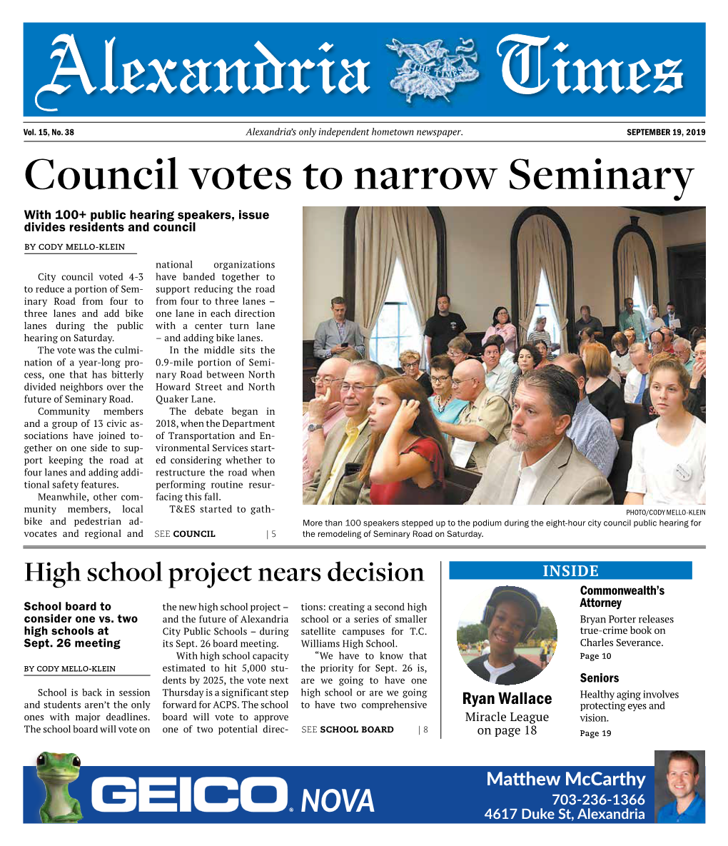 SEPTEMBER 19, 2019 Council Votes to Narrow Seminary with 100+ Public Hearing Speakers, Issue Divides Residents and Council