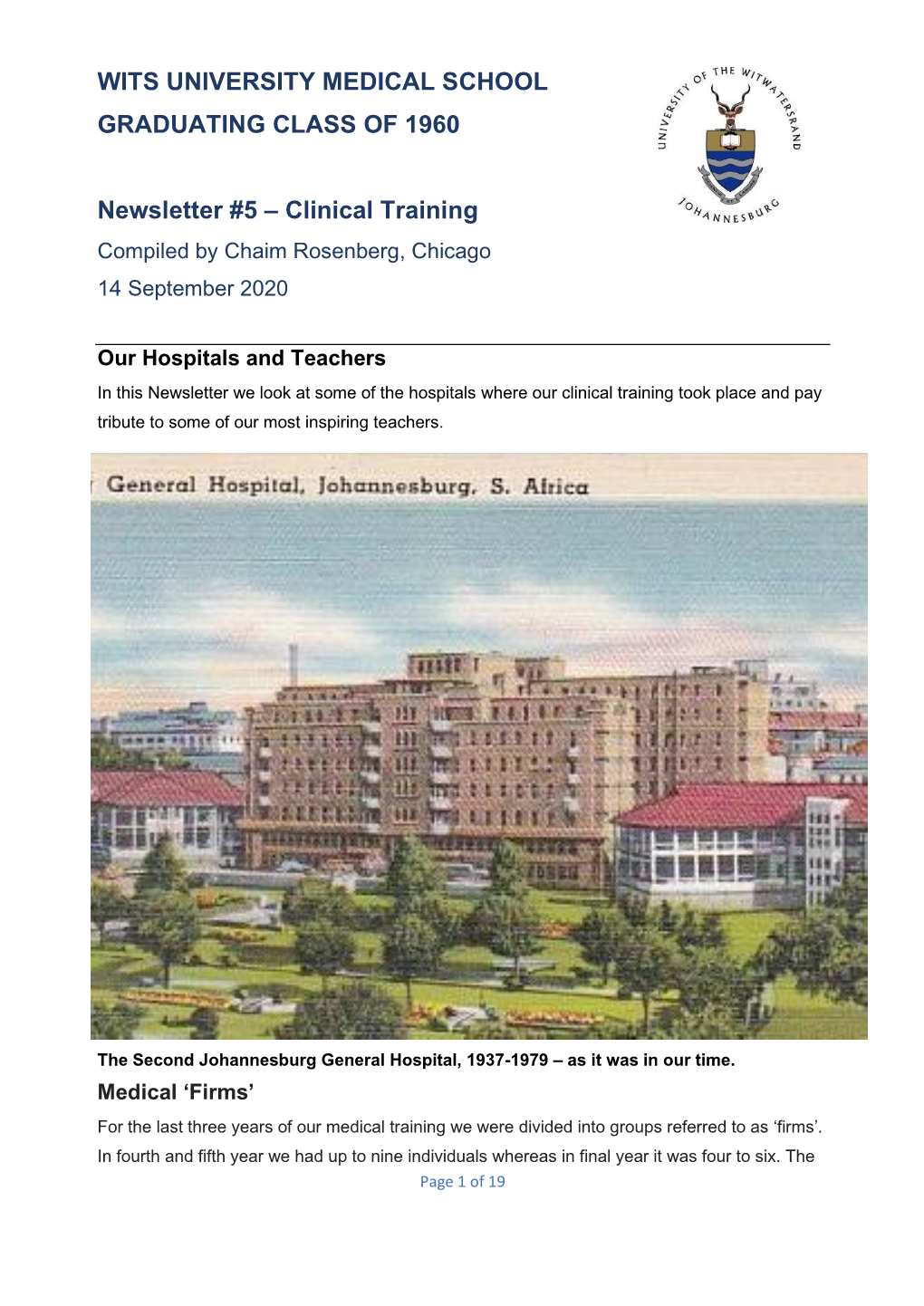 WITS UNIVERSITY MEDICAL SCHOOL GRADUATING CLASS of 1960 Newsletter #5 – Clinical Training